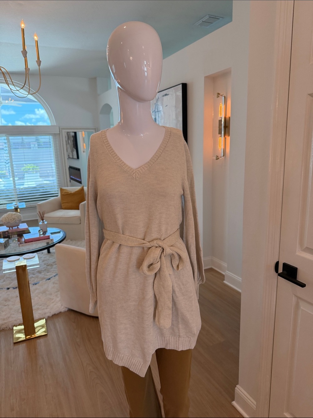 Tie-Waist V-Neck Sweater Tunic in Oatmeal